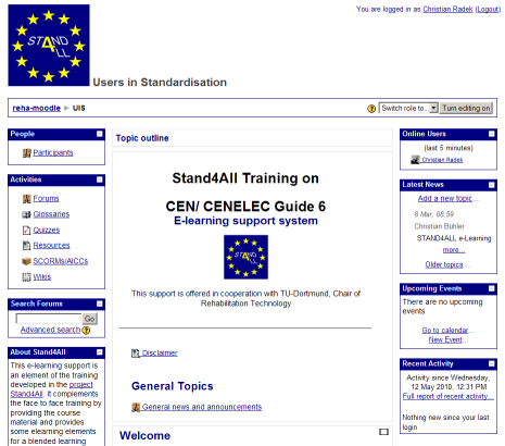Startseite des STAND4ALL Kursmoduls ‘Users in Standardisation’